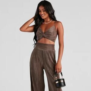Windsor S Brown Silky Satin Pleated Twist Sweetheart Spaghetti Strap Crop Top